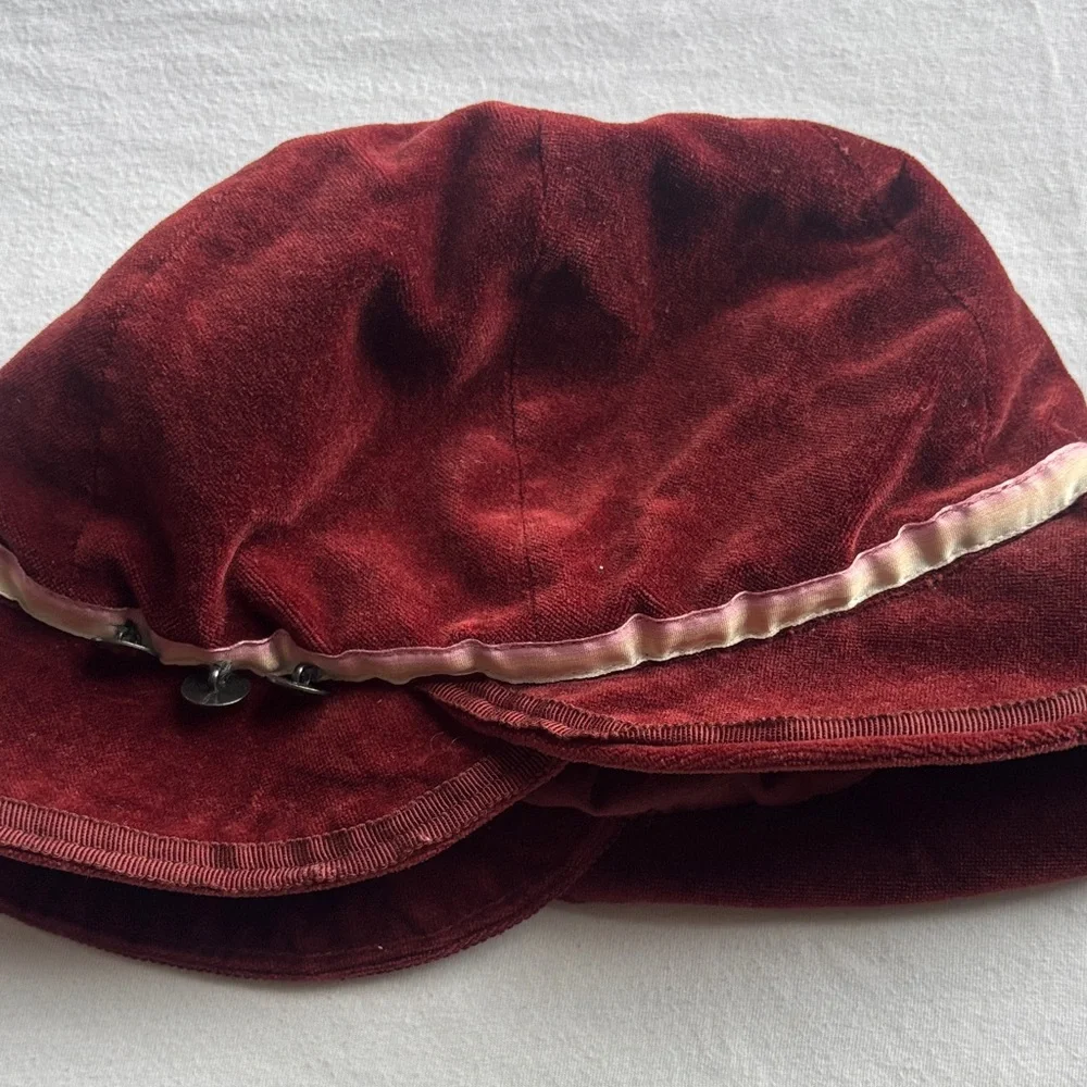 Anthropologie NEST Velvet Burgundy bucket Hat Ribbon Button Detail y2k - Picture 7 of 7